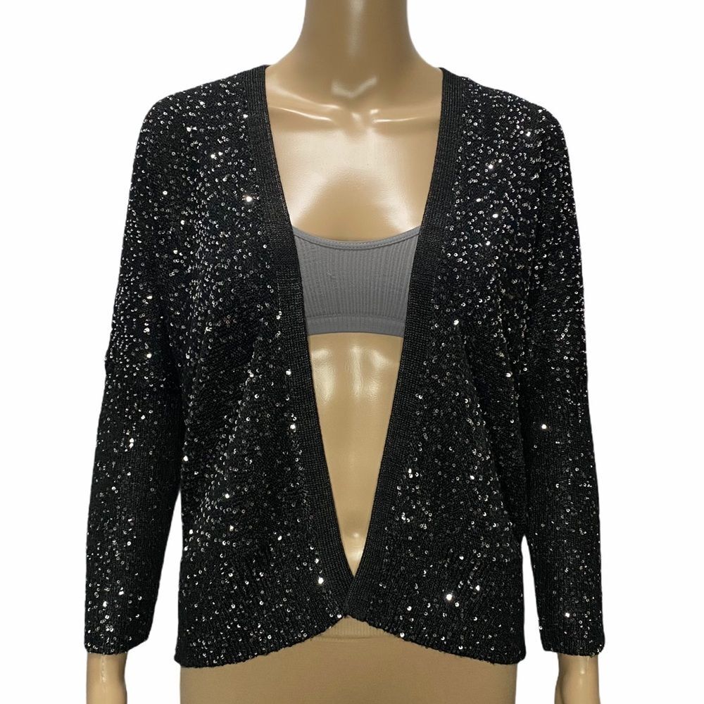 Reiss Leele Open Front Black Sequin Cardigan Size Medium